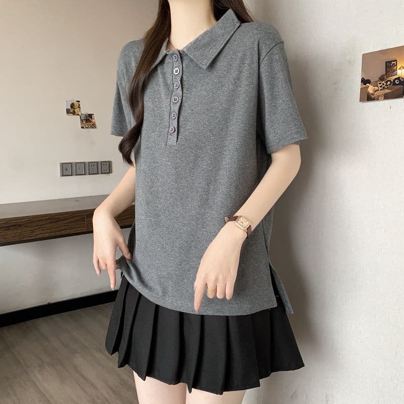 실사 92 면 POLO 칼라 몸매 가꾸기 긍정적 인 어깨 반팔 티셔츠 여성 슬림해 보이는 표지 고기 트임 맨위 상세 이미지 19