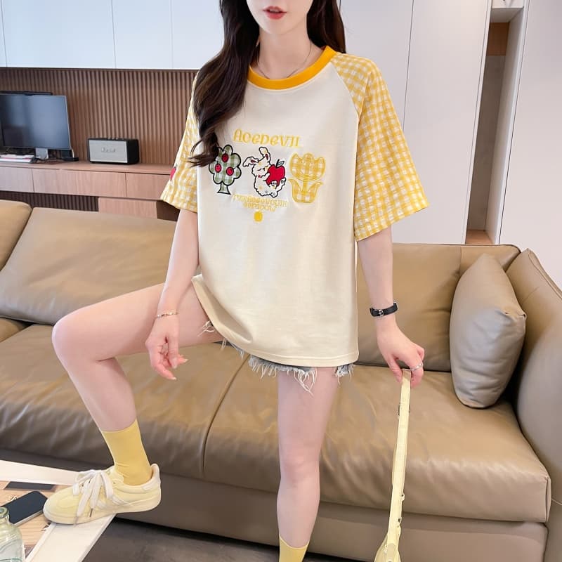 실사 새로운 180 그램 남자 바 면 루즈핏 패치 자수 체크무늬 라운드 넥 반팔 여성 이미지 2