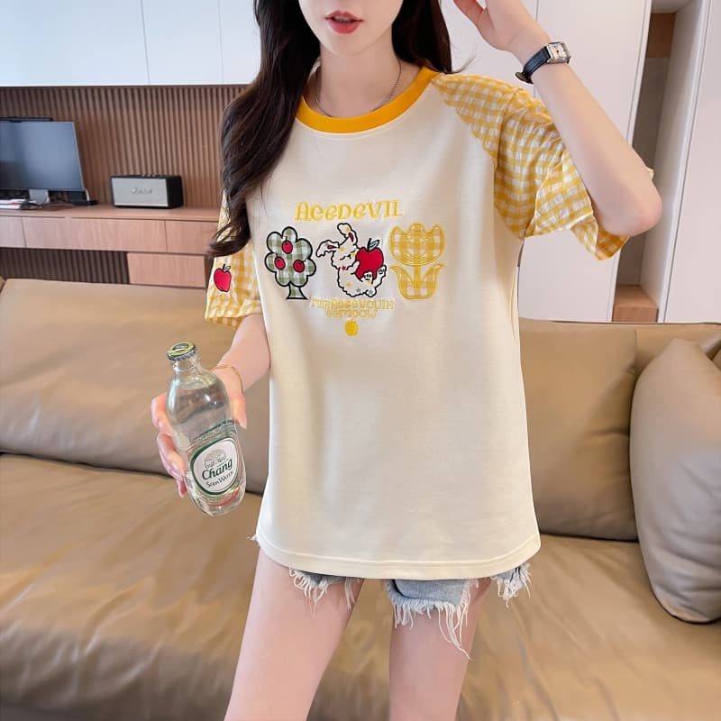 실사 새로운 180 그램 남자 바 면 루즈핏 패치 자수 체크무늬 라운드 넥 반팔 여성 이미지 5