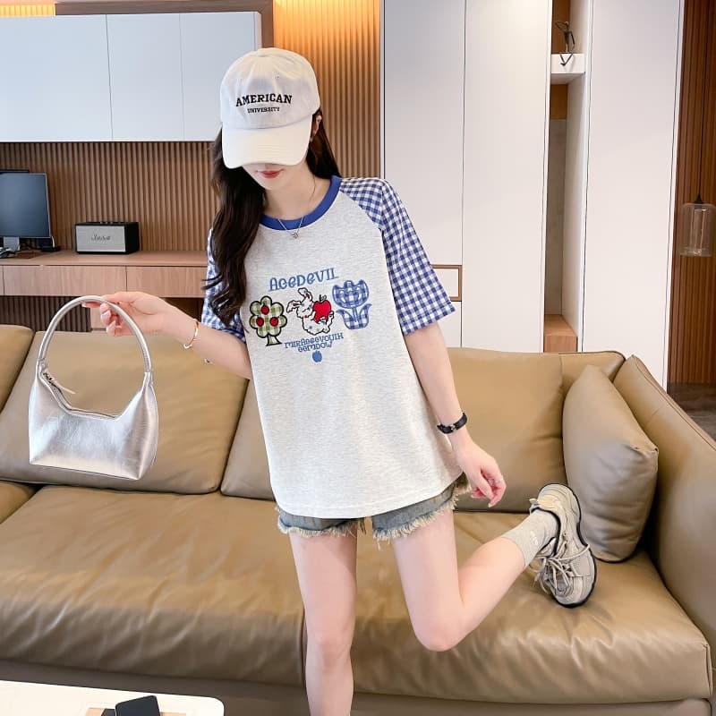실사 새로운 180 그램 남자 바 면 루즈핏 패치 자수 체크무늬 라운드 넥 반팔 여성 상세 이미지 3