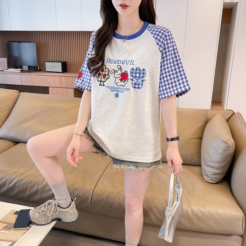 실사 새로운 180 그램 남자 바 면 루즈핏 패치 자수 체크무늬 라운드 넥 반팔 여성 상세 이미지 4