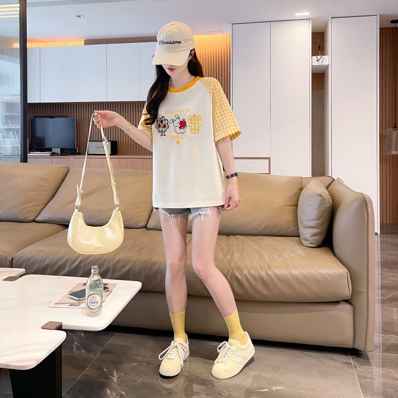 실사 새로운 180 그램 남자 바 면 루즈핏 패치 자수 체크무늬 라운드 넥 반팔 여성 상세 이미지 14