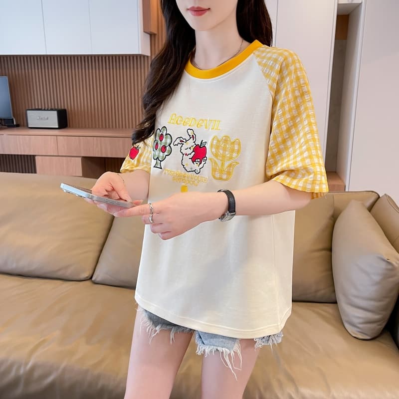 실사 새로운 180 그램 남자 바 면 루즈핏 패치 자수 체크무늬 라운드 넥 반팔 여성 상세 이미지 21