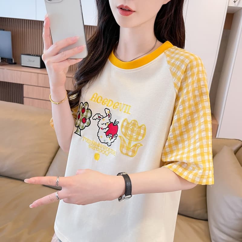 실사 새로운 180 그램 남자 바 면 루즈핏 패치 자수 체크무늬 라운드 넥 반팔 여성 상세 이미지 22