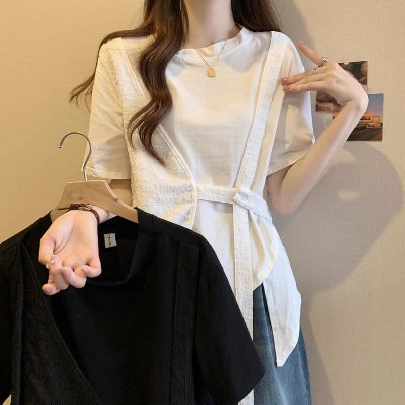 원본 솜씨 여름 디자인 센스 허리 수축 불규칙 느긋한 바람 반팔 페이크 레이어드 티셔츠 맨위 여성 이미지 3