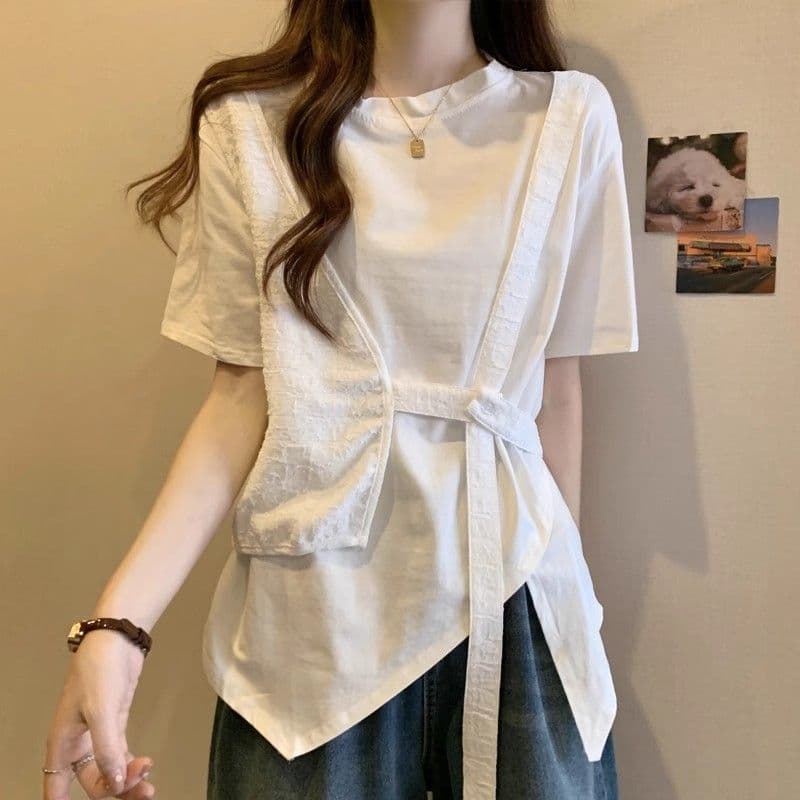 원본 솜씨 여름 디자인 센스 허리 수축 불규칙 느긋한 바람 반팔 페이크 레이어드 티셔츠 맨위 여성