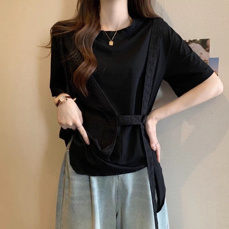 원본 솜씨 여름 디자인 센스 허리 수축 불규칙 느긋한 바람 반팔 페이크 레이어드 티셔츠 맨위 여성 이미지 4