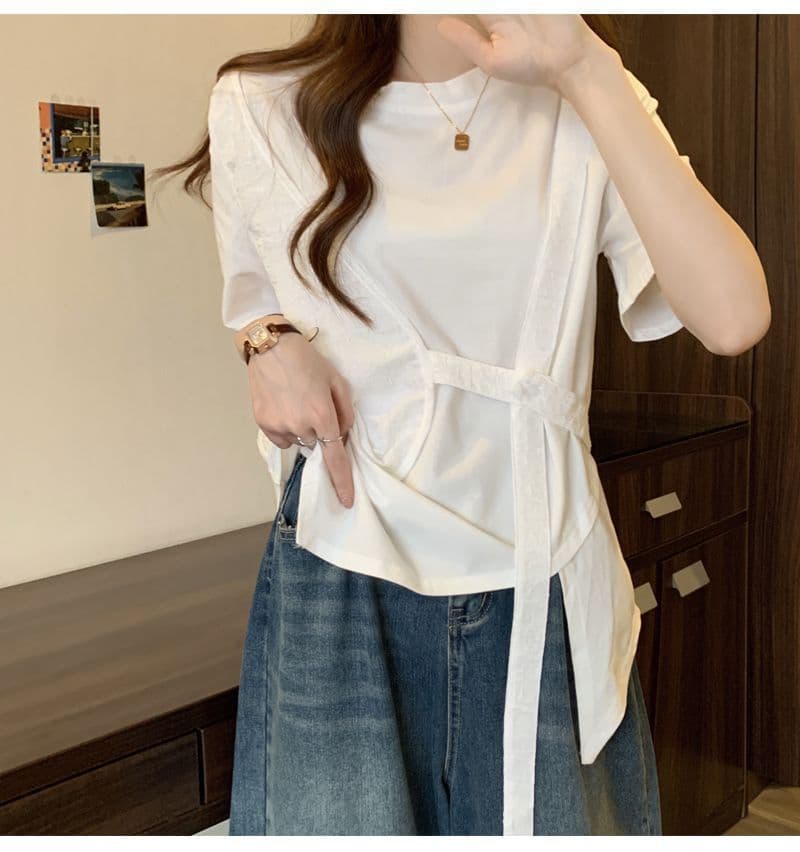 원본 솜씨 여름 디자인 센스 허리 수축 불규칙 느긋한 바람 반팔 페이크 레이어드 티셔츠 맨위 여성 상세 이미지 8