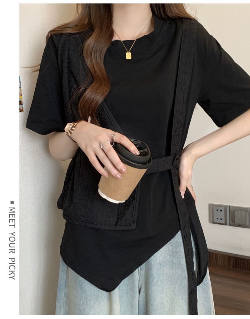 원본 솜씨 여름 디자인 센스 허리 수축 불규칙 느긋한 바람 반팔 페이크 레이어드 티셔츠 맨위 여성 상세 이미지 12
