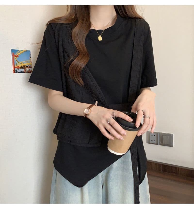 원본 솜씨 여름 디자인 센스 허리 수축 불규칙 느긋한 바람 반팔 페이크 레이어드 티셔츠 맨위 여성 상세 이미지 13