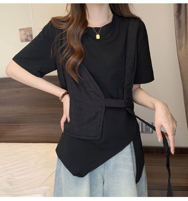 원본 솜씨 여름 디자인 센스 허리 수축 불규칙 느긋한 바람 반팔 페이크 레이어드 티셔츠 맨위 여성 상세 이미지 14