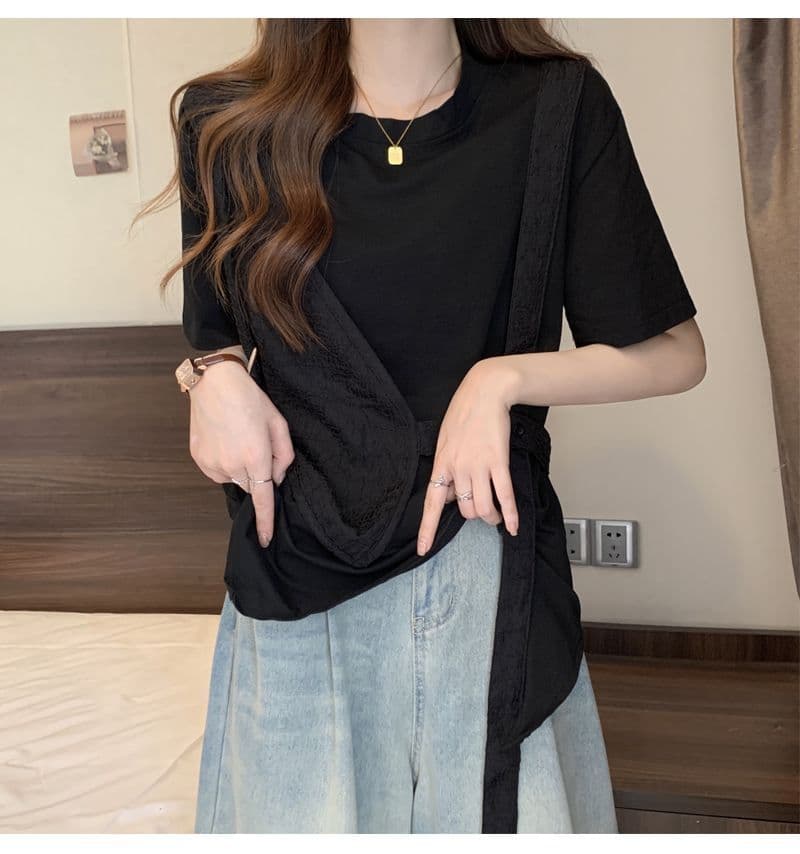 원본 솜씨 여름 디자인 센스 허리 수축 불규칙 느긋한 바람 반팔 페이크 레이어드 티셔츠 맨위 여성 상세 이미지 15