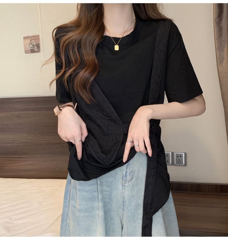 원본 솜씨 여름 디자인 센스 허리 수축 불규칙 느긋한 바람 반팔 페이크 레이어드 티셔츠 맨위 여성 상세 이미지 16