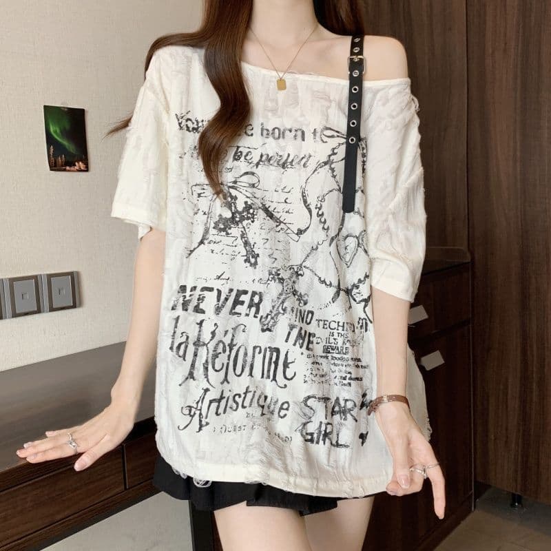 지 발표 원본 품질 여름 새로운 비스듬한 칼라 오프숄더 디자인 센스 반팔 티셔츠 느긋한 바람 맨위 여성 상세 이미지 8