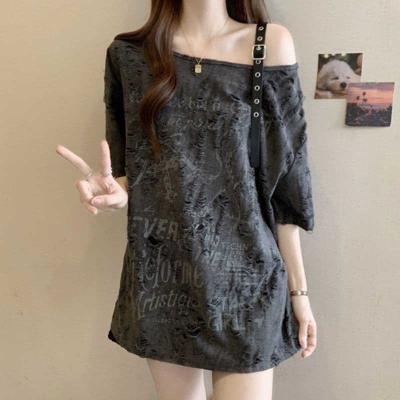 지 발표 원본 품질 여름 새로운 비스듬한 칼라 오프숄더 디자인 센스 반팔 티셔츠 느긋한 바람 맨위 여성 상세 이미지 15