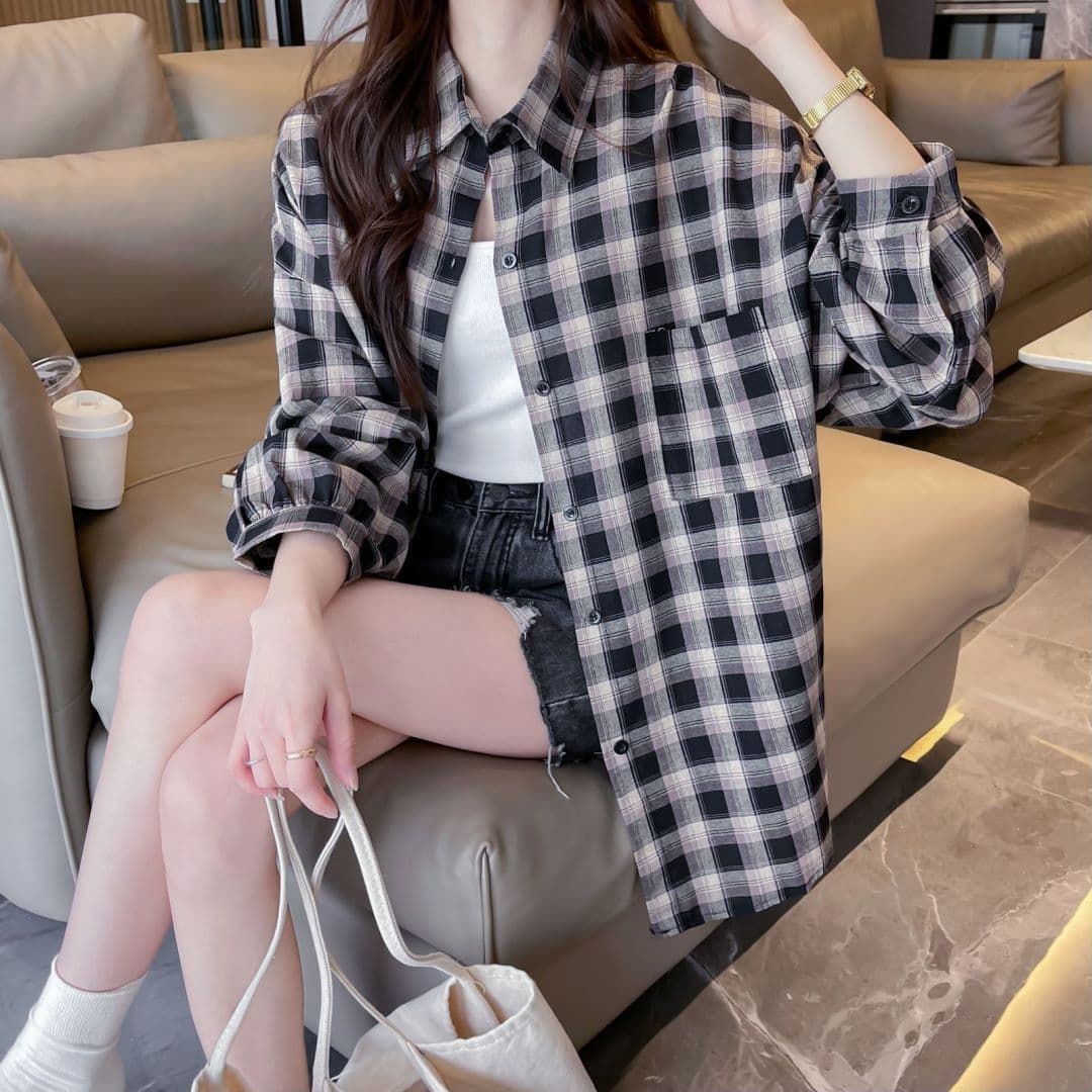 실사 원본 원단 것 중간 길이 여름 얇은 스타일 레트로 격자 무늬 셔츠 새로운 긴팔 느긋한 바람 재킷 상세 이미지 6