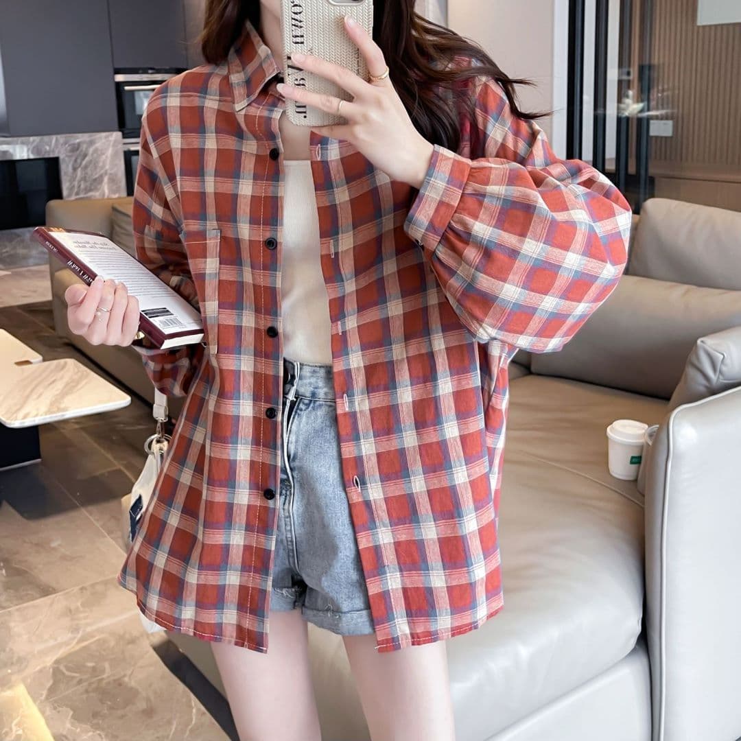 실사 원본 원단 것 중간 길이 여름 얇은 스타일 레트로 격자 무늬 셔츠 새로운 긴팔 느긋한 바람 재킷 상세 이미지 13