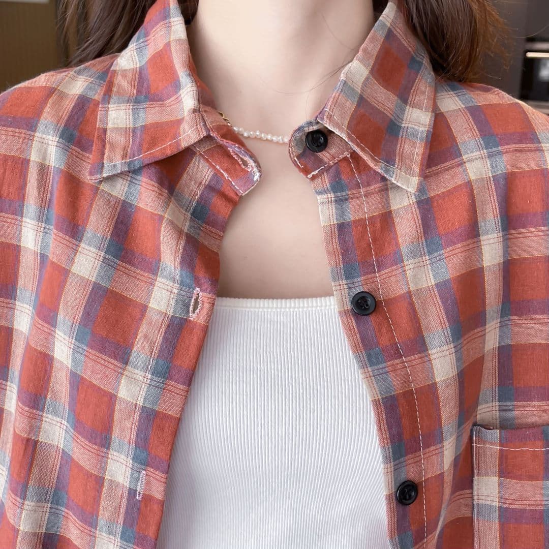 실사 원본 원단 것 중간 길이 여름 얇은 스타일 레트로 격자 무늬 셔츠 새로운 긴팔 느긋한 바람 재킷 상세 이미지 17