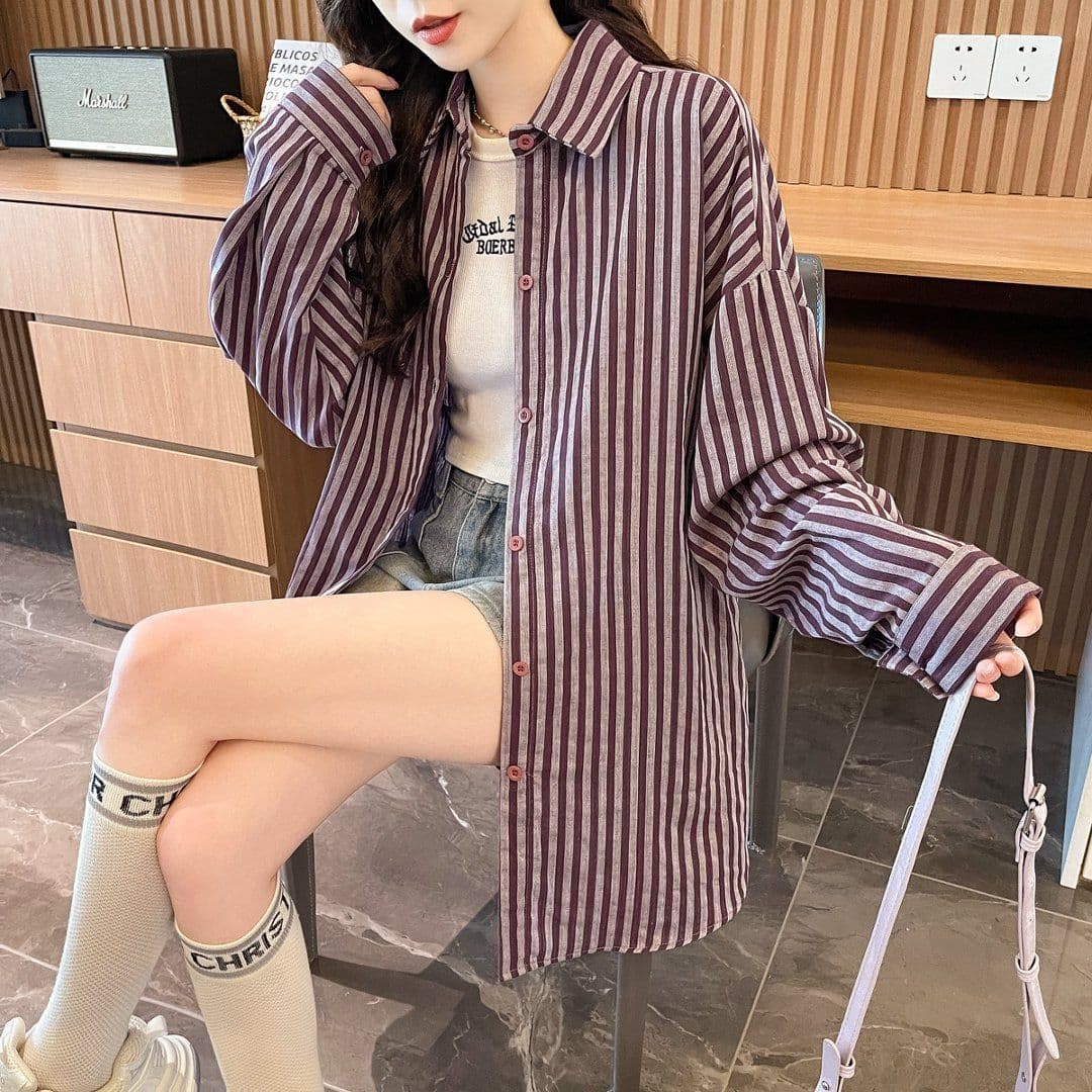 실사 흔들어서 톤 원본 품질 이중층 스트라이프 긴팔 셔츠 새로운 중간 길이 자외선 차단 외부 잡아라. 외투 상세 이미지 8