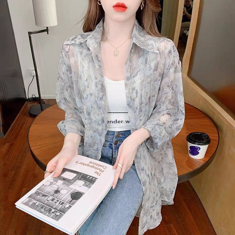 얼음 실크 자외선 차단 의류 여성 여름 얇은 2026 년 새로운 디자인 센스 홀치기 염색 프린트 루즈핏 쉬폰 셔츠 이미지 5