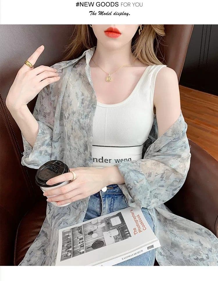 얼음 실크 자외선 차단 의류 여성 여름 얇은 2026 년 새로운 디자인 센스 홀치기 염색 프린트 루즈핏 쉬폰 셔츠 상세 이미지 11