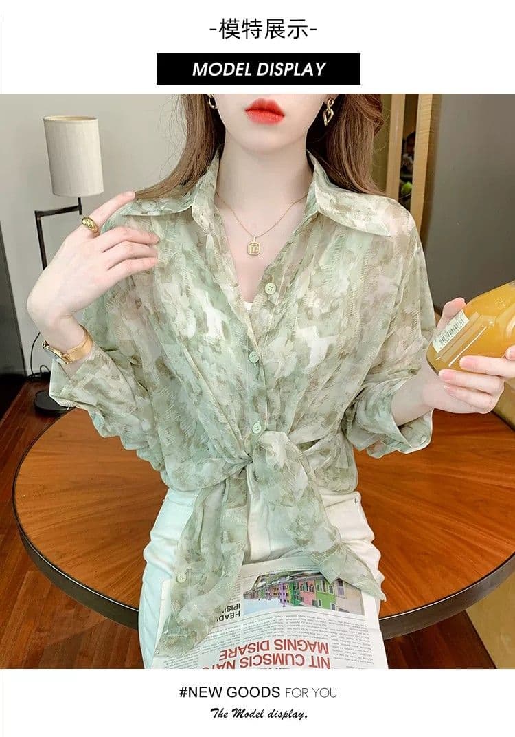 얼음 실크 자외선 차단 의류 여성 여름 얇은 2026 년 새로운 디자인 센스 홀치기 염색 프린트 루즈핏 쉬폰 셔츠 상세 이미지 19