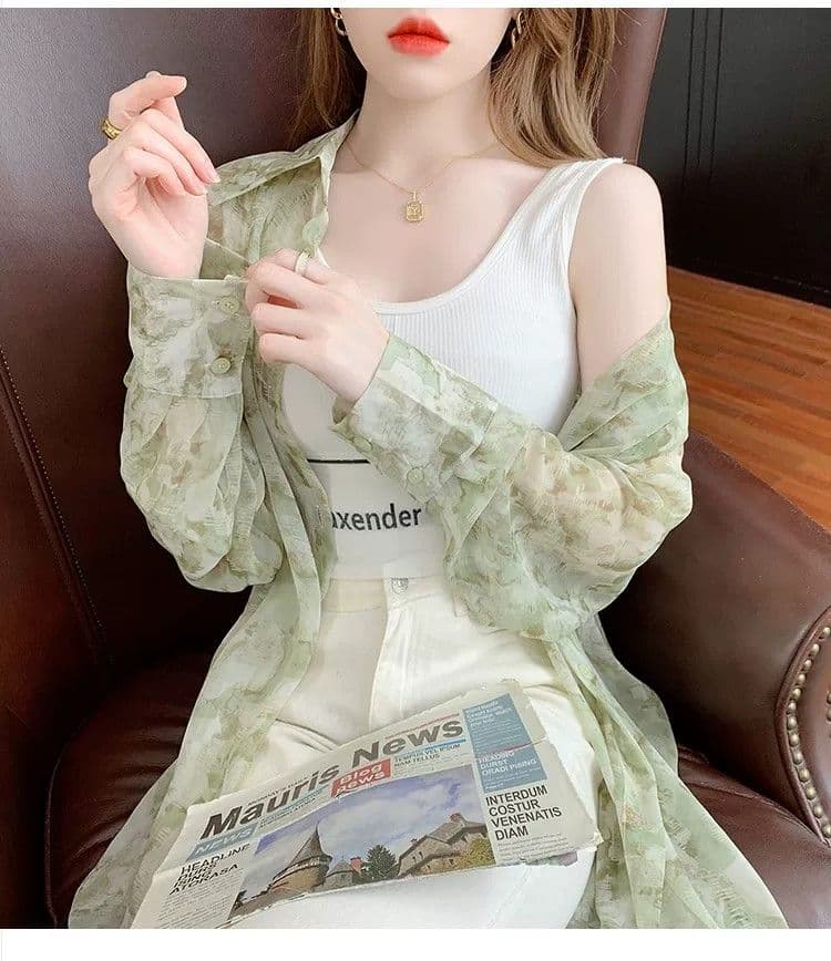 얼음 실크 자외선 차단 의류 여성 여름 얇은 2026 년 새로운 디자인 센스 홀치기 염색 프린트 루즈핏 쉬폰 셔츠 상세 이미지 20