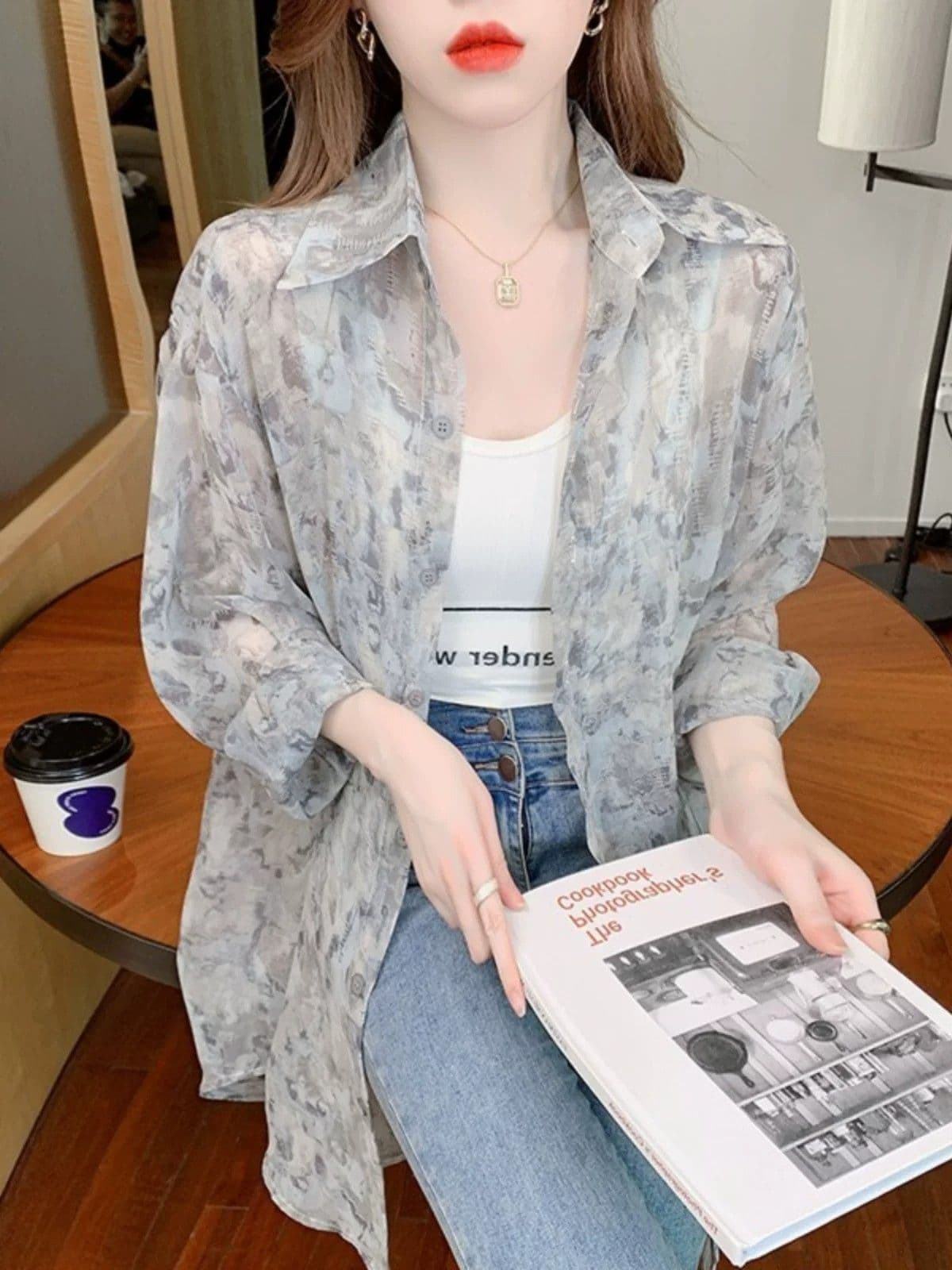 얼음 실크 자외선 차단 의류 여성 여름 얇은 2026 년 새로운 디자인 센스 홀치기 염색 프린트 루즈핏 쉬폰 셔츠 상세 이미지 28