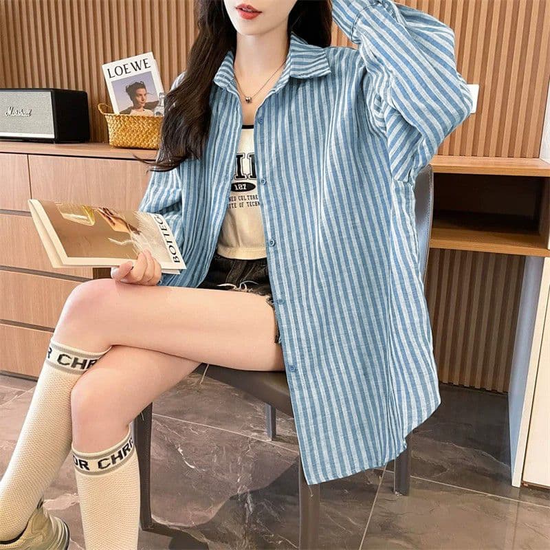 느긋한 바람 스트라이프 여성 셔츠 2026 봄 가을 새로운 루즈핏 중간 길이 캐주얼 POLO 칼라 셔츠 이미지 3