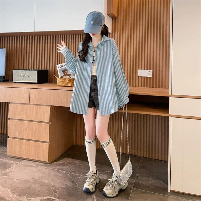 느긋한 바람 스트라이프 여성 셔츠 2026 봄 가을 새로운 루즈핏 중간 길이 캐주얼 POLO 칼라 셔츠 상세 이미지 3