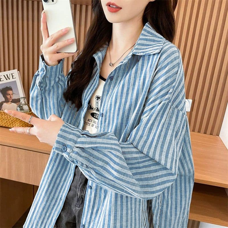 느긋한 바람 스트라이프 여성 셔츠 2026 봄 가을 새로운 루즈핏 중간 길이 캐주얼 POLO 칼라 셔츠 상세 이미지 4