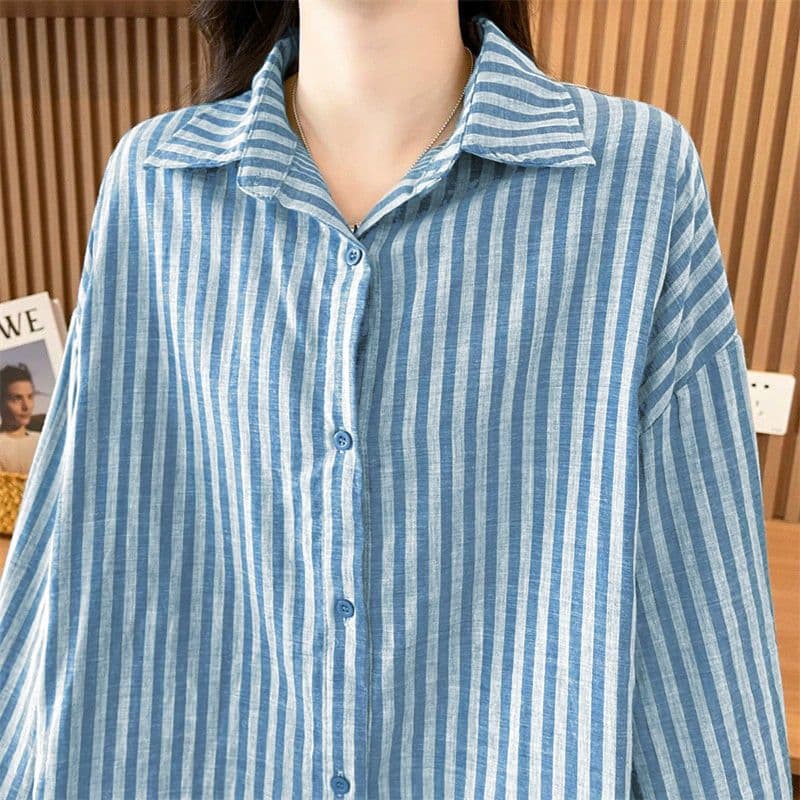 느긋한 바람 스트라이프 여성 셔츠 2026 봄 가을 새로운 루즈핏 중간 길이 캐주얼 POLO 칼라 셔츠 상세 이미지 6