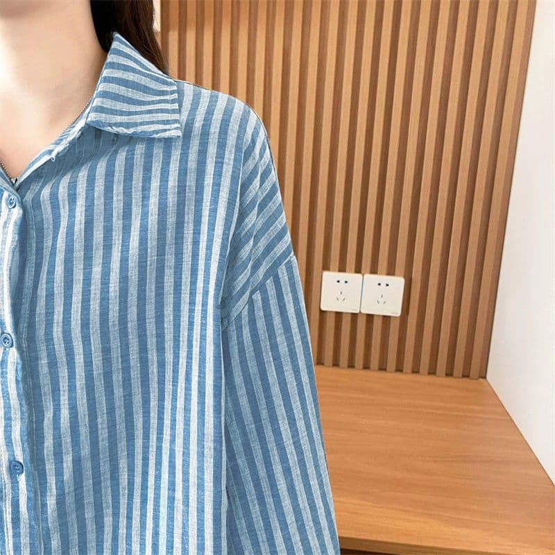 느긋한 바람 스트라이프 여성 셔츠 2026 봄 가을 새로운 루즈핏 중간 길이 캐주얼 POLO 칼라 셔츠 상세 이미지 8