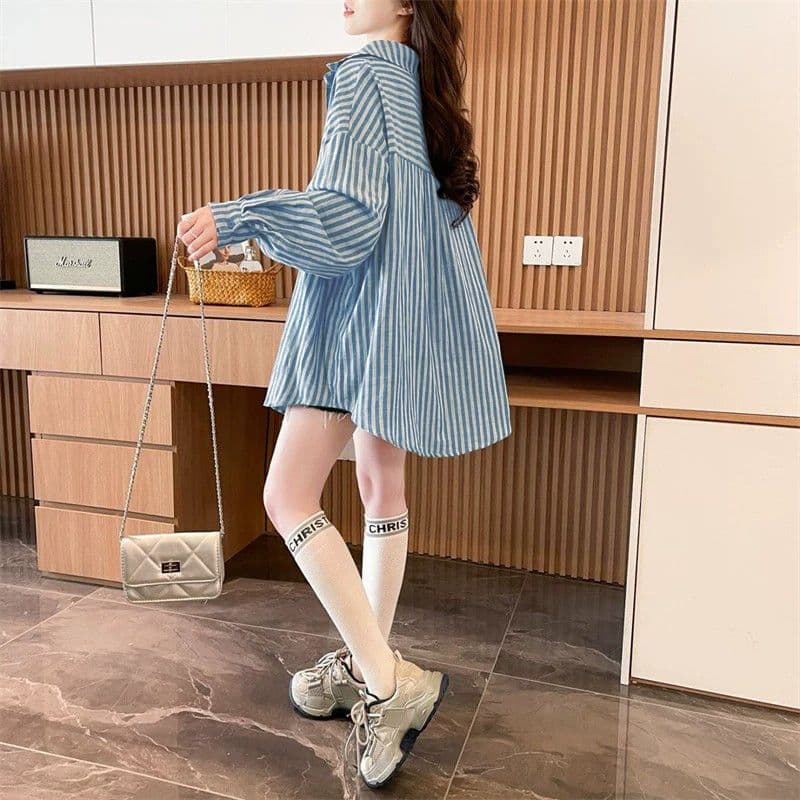 느긋한 바람 스트라이프 여성 셔츠 2026 봄 가을 새로운 루즈핏 중간 길이 캐주얼 POLO 칼라 셔츠 상세 이미지 10