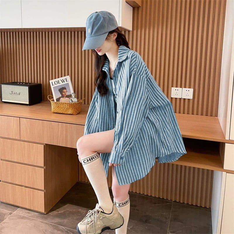 느긋한 바람 스트라이프 여성 셔츠 2026 봄 가을 새로운 루즈핏 중간 길이 캐주얼 POLO 칼라 셔츠 상세 이미지 11