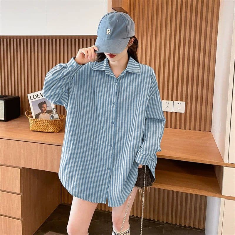 느긋한 바람 스트라이프 여성 셔츠 2026 봄 가을 새로운 루즈핏 중간 길이 캐주얼 POLO 칼라 셔츠 상세 이미지 12
