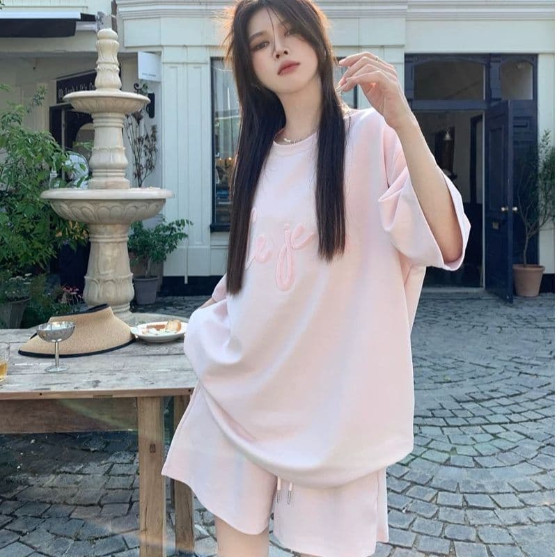 6535 물고기 규모 운동복 세트 여성 여름 루즈핏 한국 스타일 학생 반팔 반바지 투피스 세트 ins 이미지 5