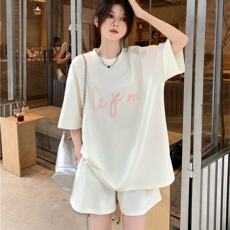 6535 물고기 규모 운동복 세트 여성 여름 루즈핏 한국 스타일 학생 반팔 반바지 투피스 세트 ins 이미지 3