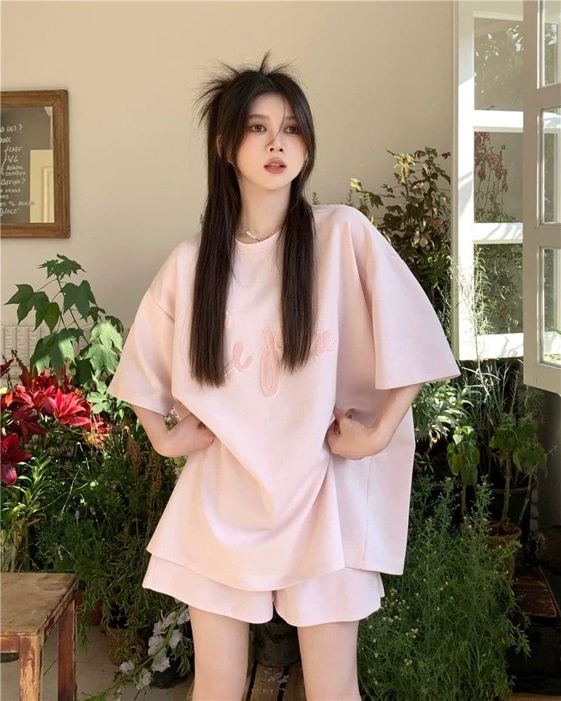 6535 물고기 규모 운동복 세트 여성 여름 루즈핏 한국 스타일 학생 반팔 반바지 투피스 세트 ins 상세 이미지 2