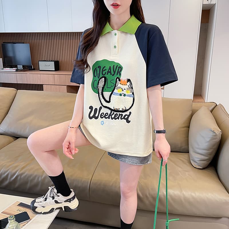 실사 모방 면 더블 실 케이블 루오 그거야. polot 셔츠 여성용 짧은 소매 여름 새로운 만화 애니메이션 루즈핏 맨위 상세 이미지 3