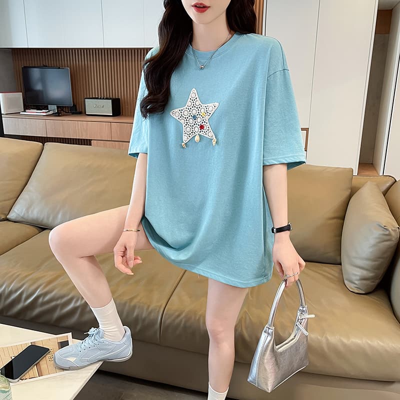 실사 눈꽃 면 티셔츠 여성용 짧은 소매 여름 새로운 루즈핏 중간 길이 패션 캐주얼 맨위 여성 ins 트렌디 상세 이미지 16