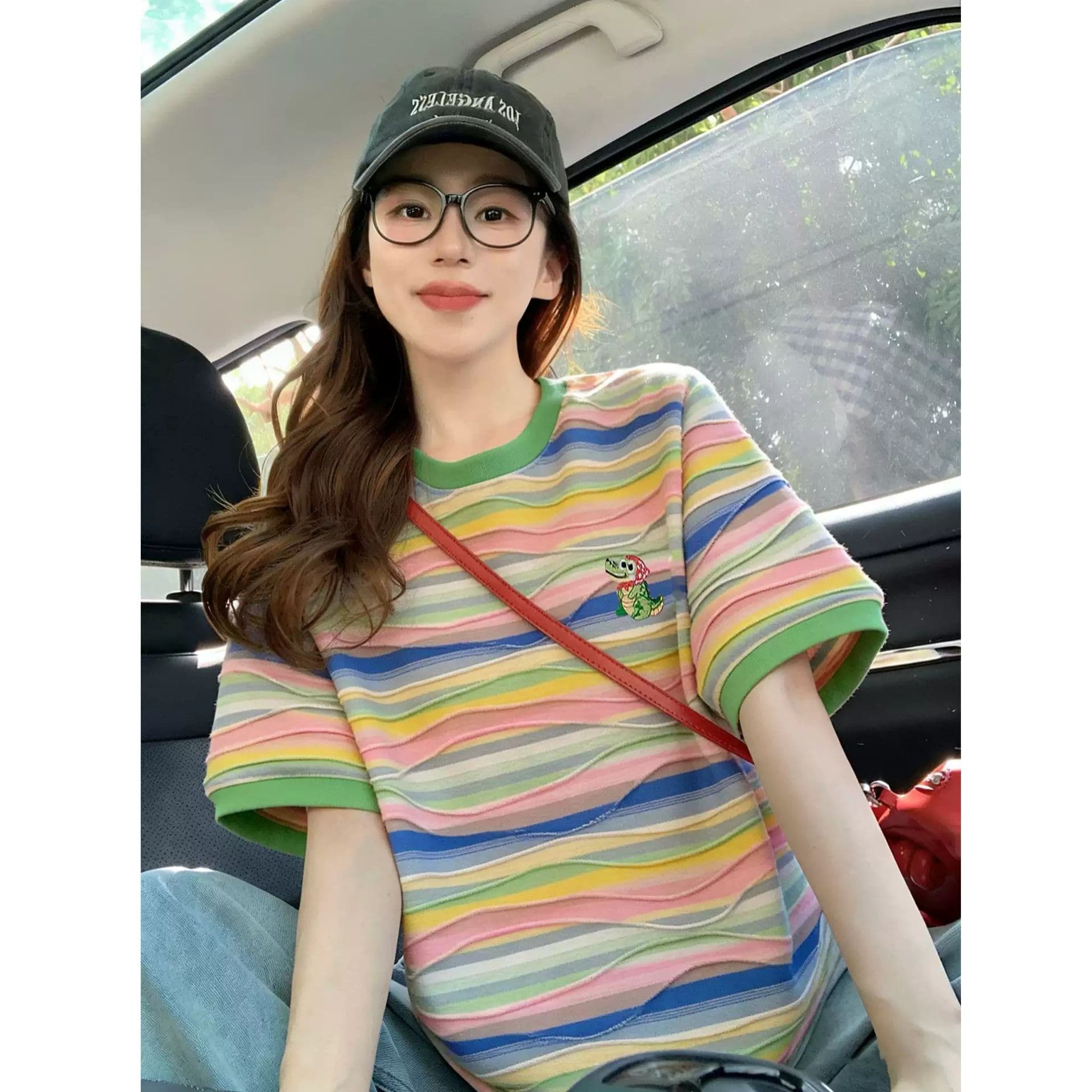 원본 컬러 짜임 기사 면 이후 패키지 칼라 색상 스트라이프 순면 반팔 티셔츠 여성 자수 맨위