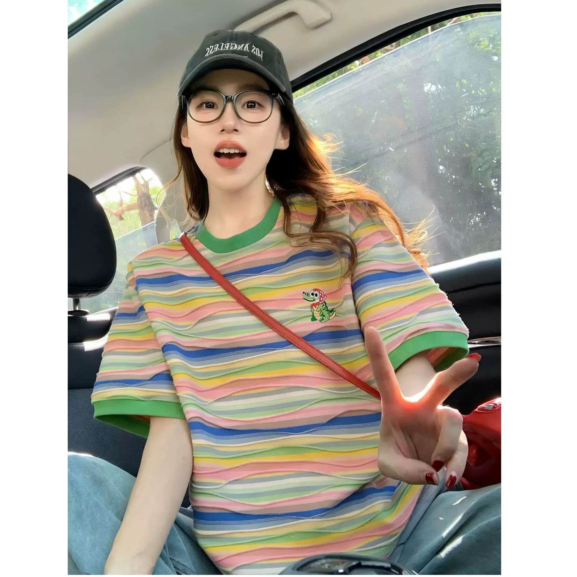 원본 컬러 짜임 기사 면 이후 패키지 칼라 색상 스트라이프 순면 반팔 티셔츠 여성 자수 맨위 이미지 3