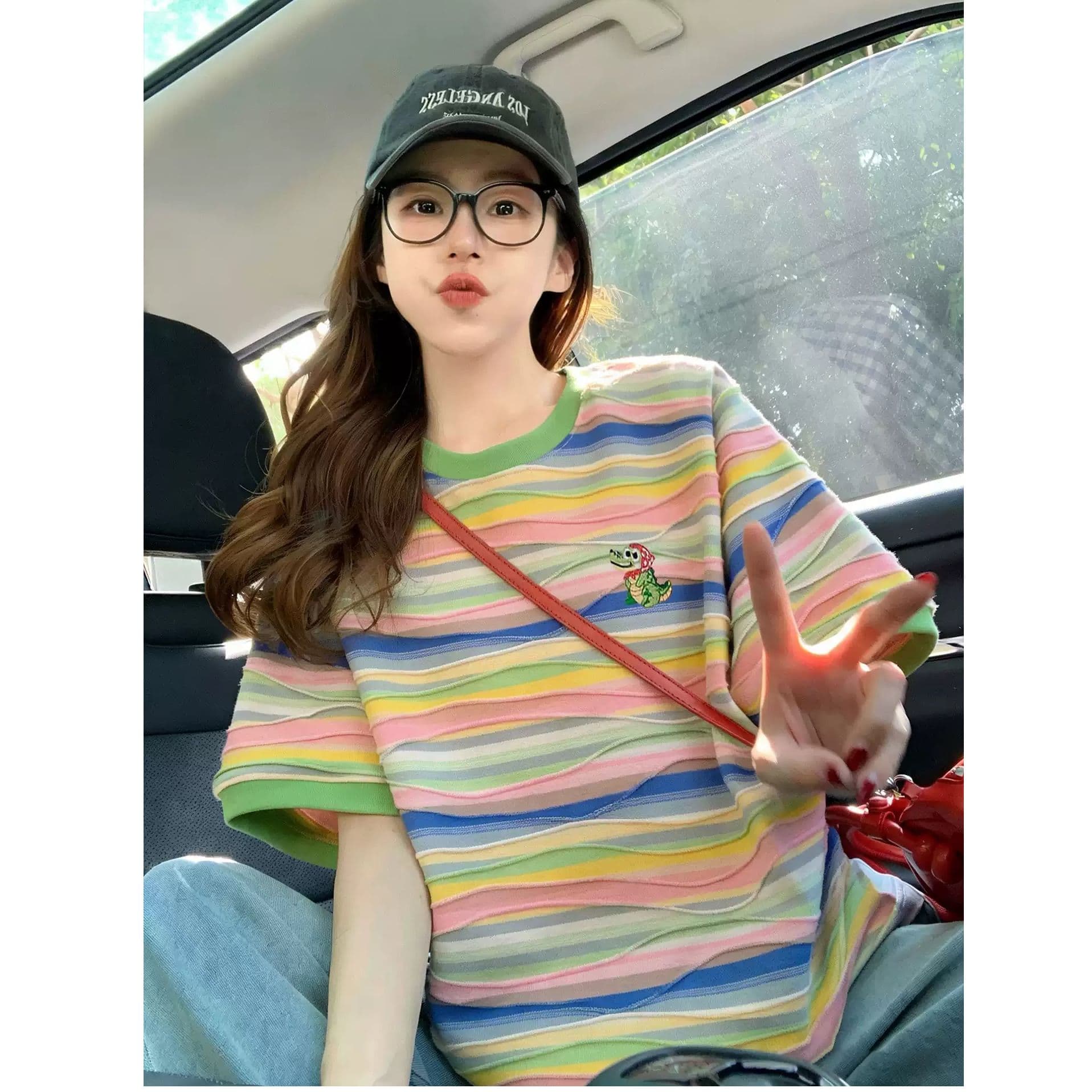 원본 컬러 짜임 기사 면 이후 패키지 칼라 색상 스트라이프 순면 반팔 티셔츠 여성 자수 맨위 이미지 2