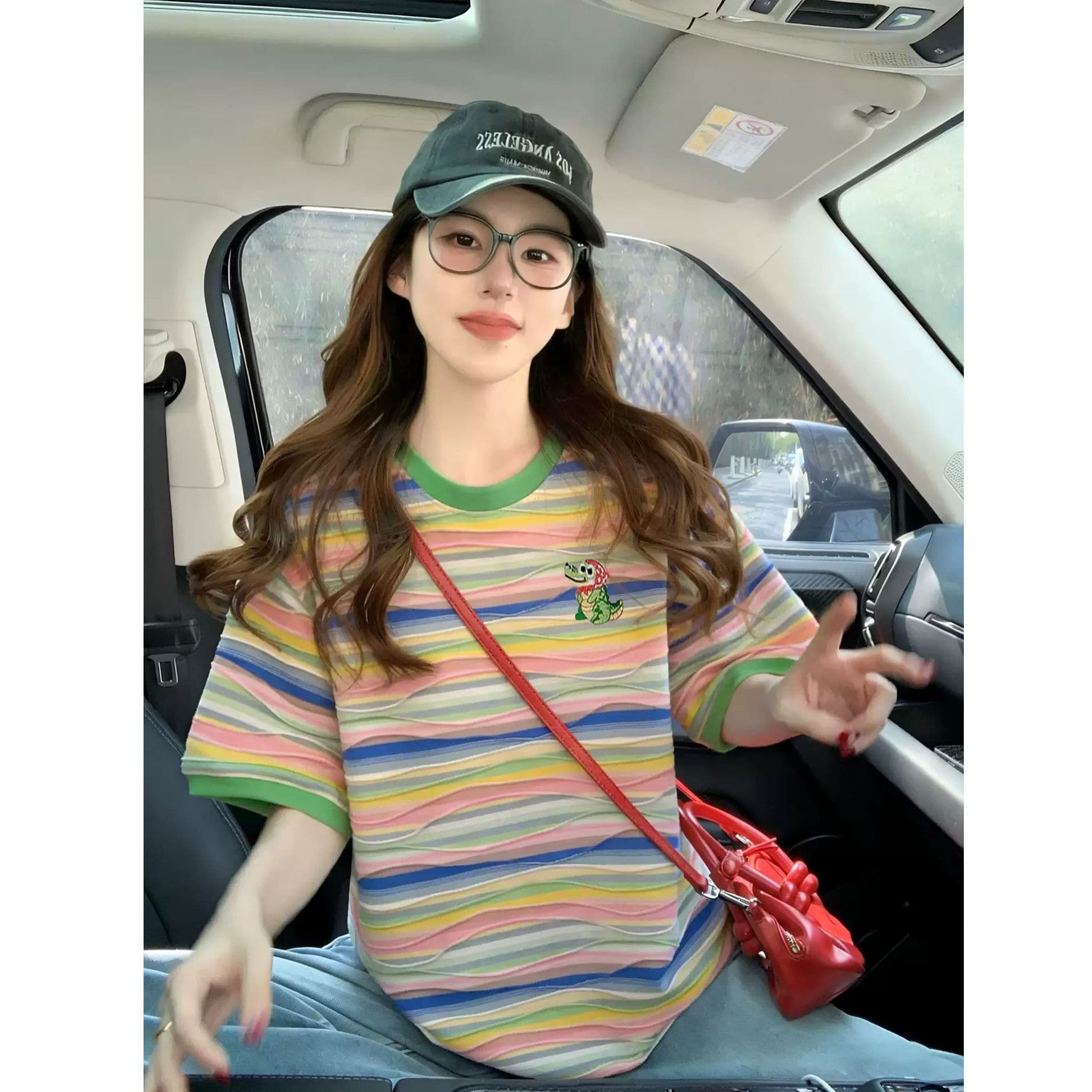 원본 컬러 짜임 기사 면 이후 패키지 칼라 색상 스트라이프 순면 반팔 티셔츠 여성 자수 맨위 이미지 5