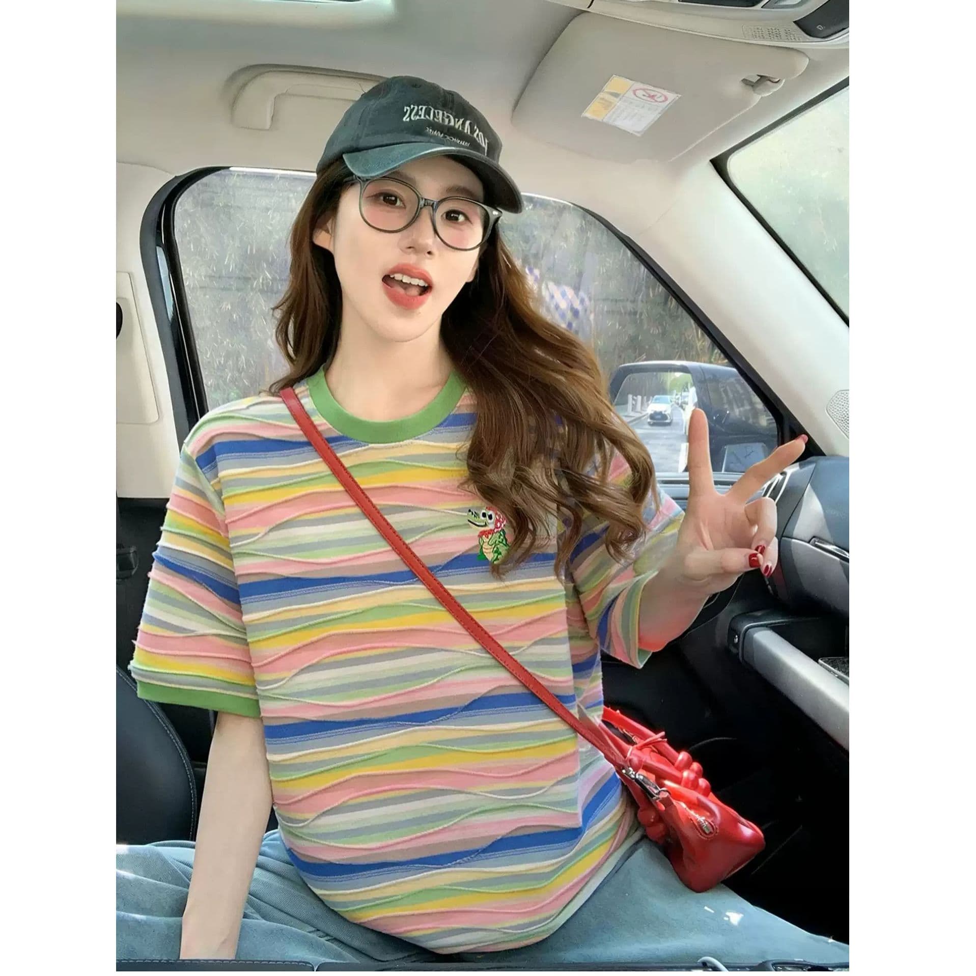 원본 컬러 짜임 기사 면 이후 패키지 칼라 색상 스트라이프 순면 반팔 티셔츠 여성 자수 맨위 이미지 4