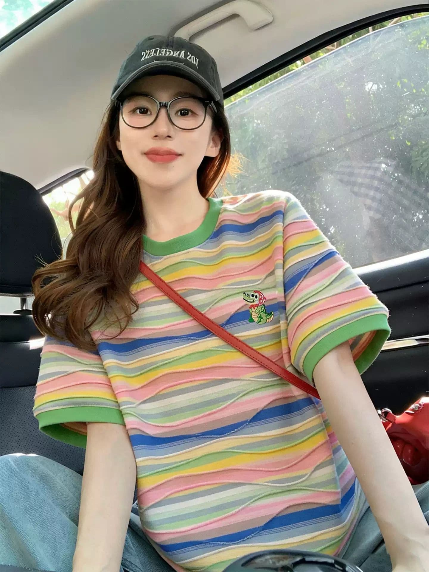 원본 컬러 짜임 기사 면 이후 패키지 칼라 색상 스트라이프 순면 반팔 티셔츠 여성 자수 맨위 상세 이미지 2