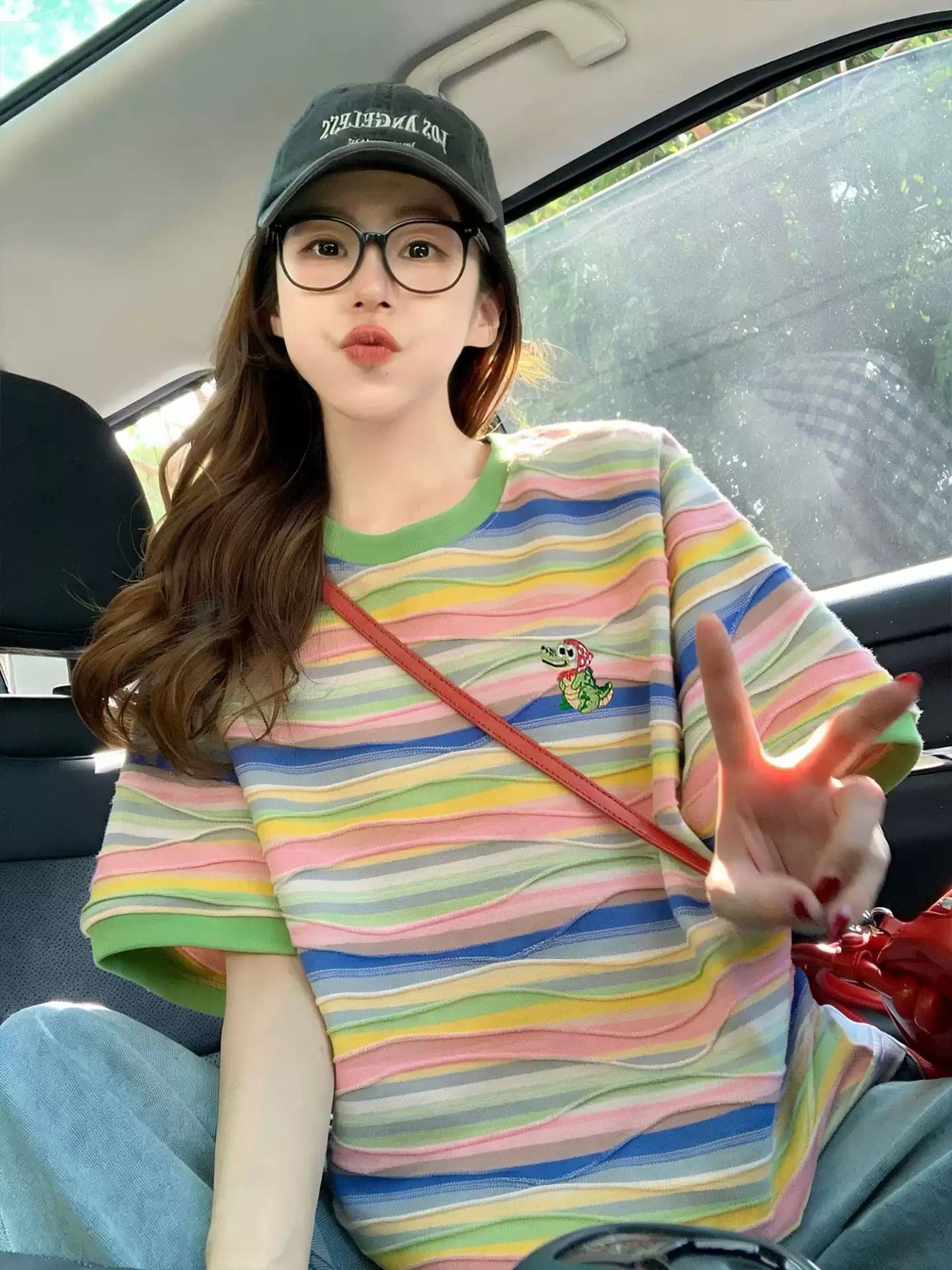 원본 컬러 짜임 기사 면 이후 패키지 칼라 색상 스트라이프 순면 반팔 티셔츠 여성 자수 맨위 상세 이미지 5