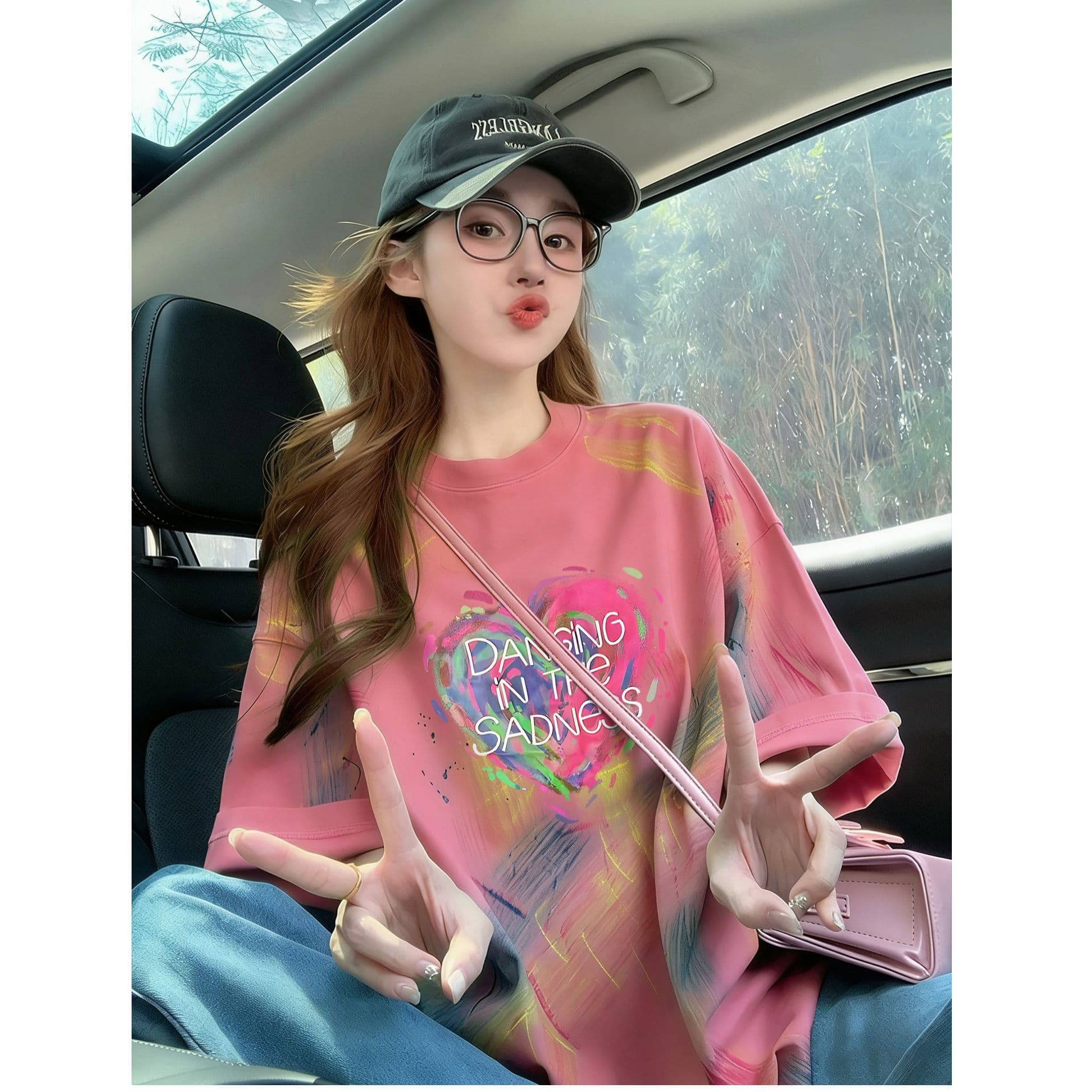순면 이후 패키지 칼라 홀치기 염색 중간 길이 티셔츠 여성 유럽 상품 알파벳 프린트 대 에디션 루즈핏 맨위