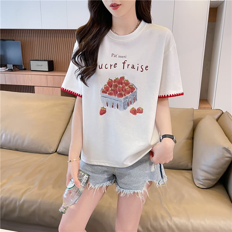 실사 라운드 넥 반팔 티셔츠 여성 새로운 프린트 싸움 자수 눈꽃 면 패션 맨위 여성 상세 이미지 4